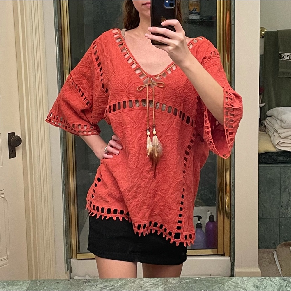Peach Poncho Top | Feather Tie | Tribal